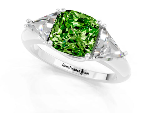 White gold Three-Stone Cushion Cut Cut Diamond Ring with Trillion Side Stones and Four-Prong Setting_1