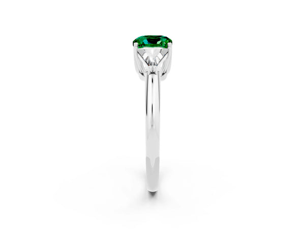 Platinum Three-Stone Cushion Cut Emerald Engagement Ring with Trillion Side Stones and Prong Setting