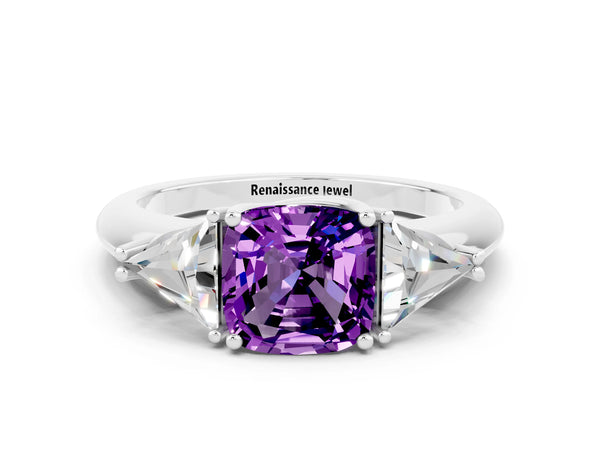 White gold Three-Stone Cushion Cut Amethyst Engagement Ring with Trillion Side Stones and Prong Setting
