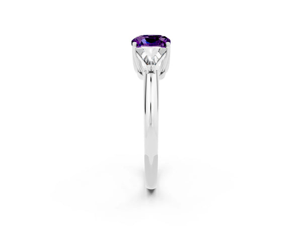 White gold Three-Stone Cushion Cut Amethyst Engagement Ring with Trillion Side Stones and Prong Setting