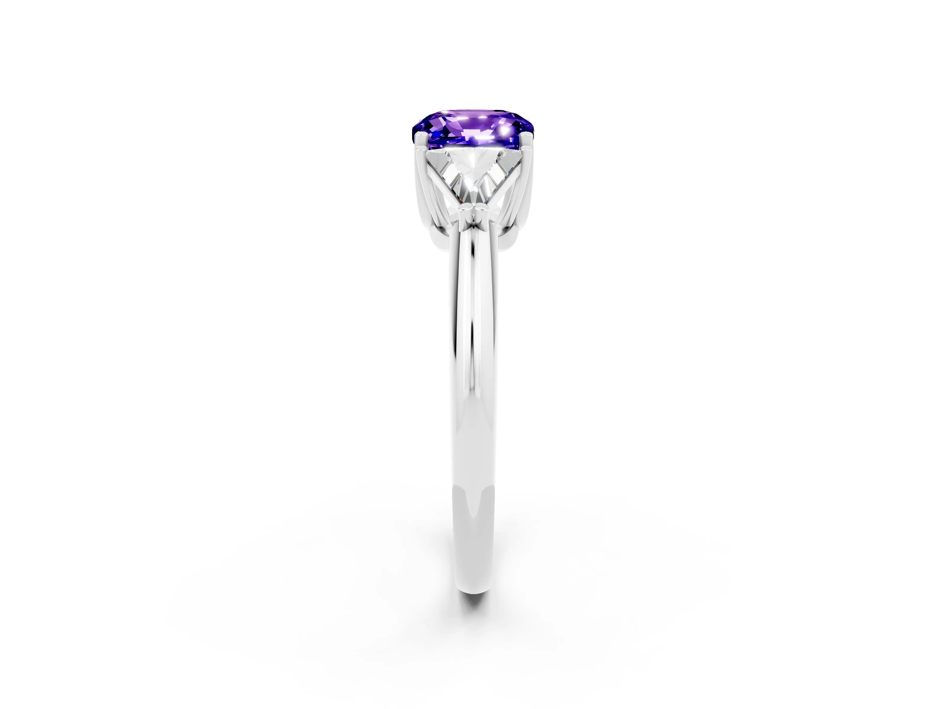 White gold Three-Stone Cushion Cut Cut Diamond Ring with Trillion Side Stones and Four-Prong Setting_2