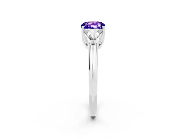 White gold Three-Stone Cushion Cut Tanzanite Engagement Ring with Trillion Side Stones and Prong Setting