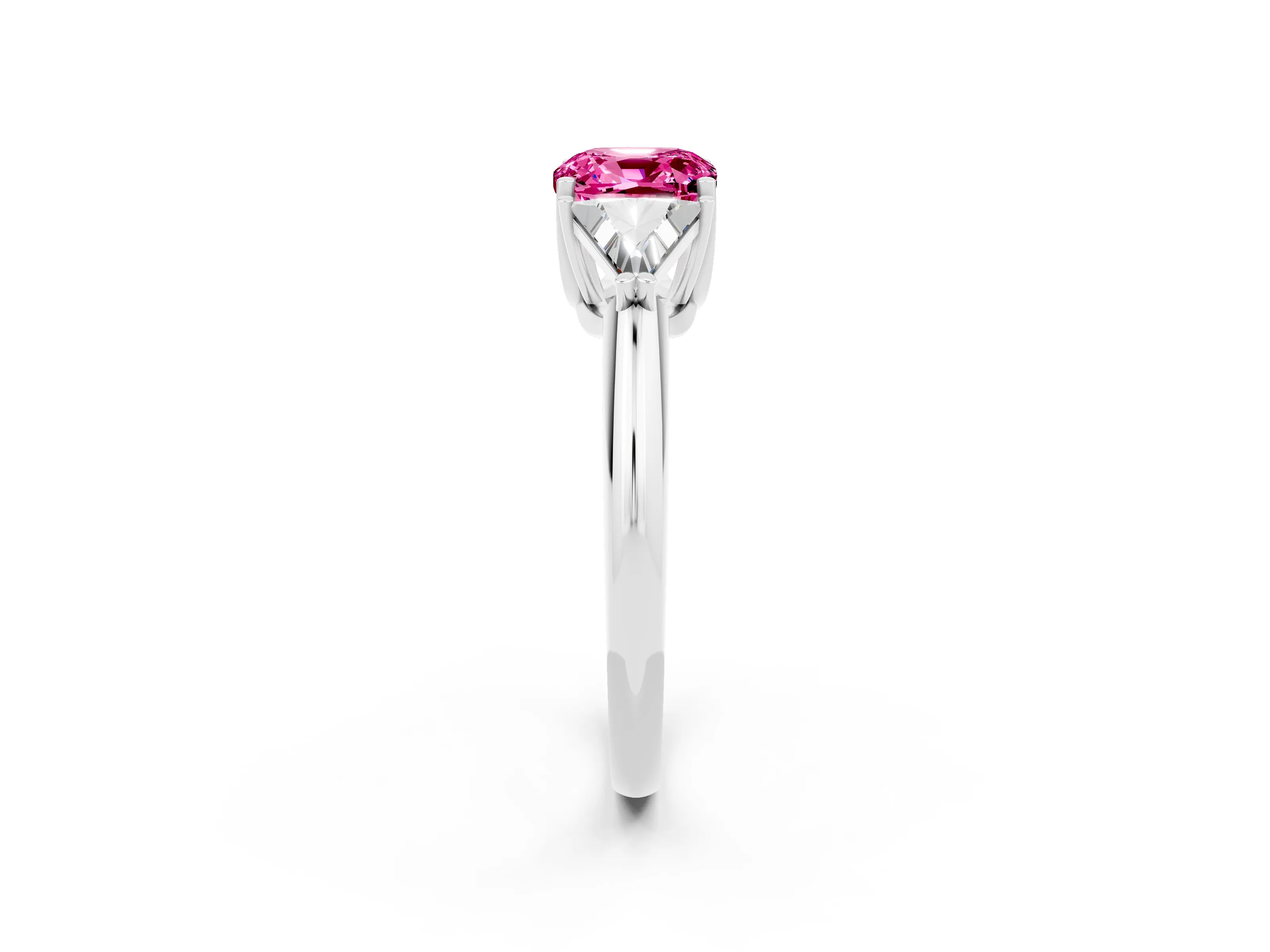 White gold Three-Stone Cushion Cut Cut Diamond Ring with Trillion Side Stones and Four-Prong Setting_2