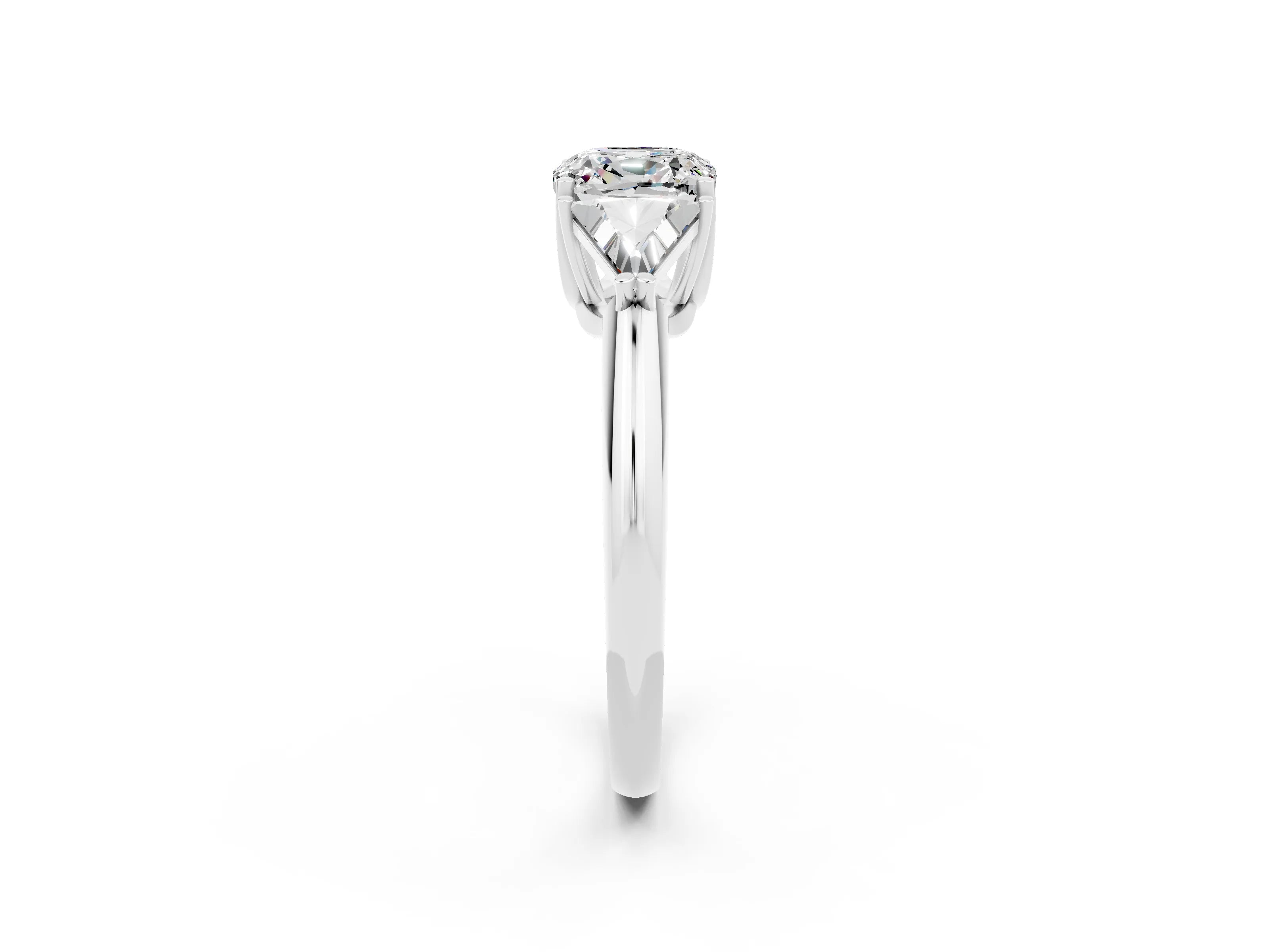 White gold Three-Stone Cushion Cut Cut Diamond Ring with Trillion Side Stones and Four-Prong Setting_2