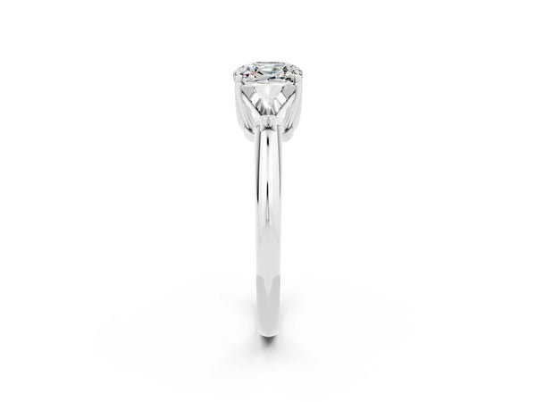 Silver Three-Stone Cushion Cut Moissanite Engagement Ring with Trillion Side Stones and Prong Setting