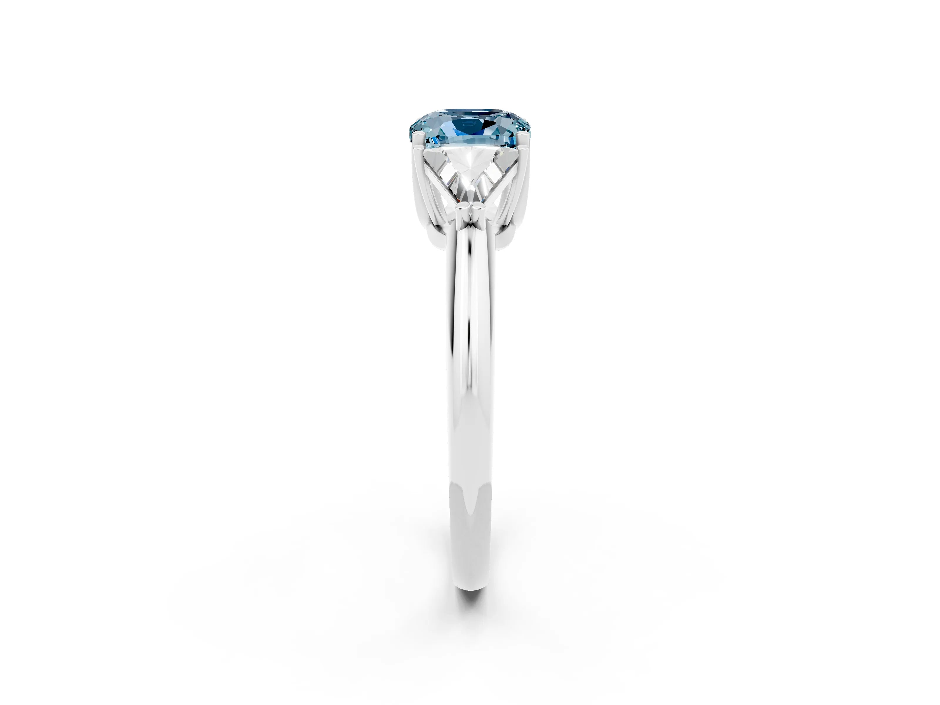 White gold Three-Stone Cushion Cut Cut Diamond Ring with Trillion Side Stones and Four-Prong Setting_2