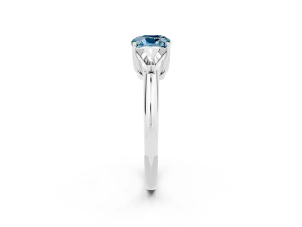Silver Three-Stone Cushion Cut Cut Diamond Ring with Trillion Side Stones and Four-Prong Setting