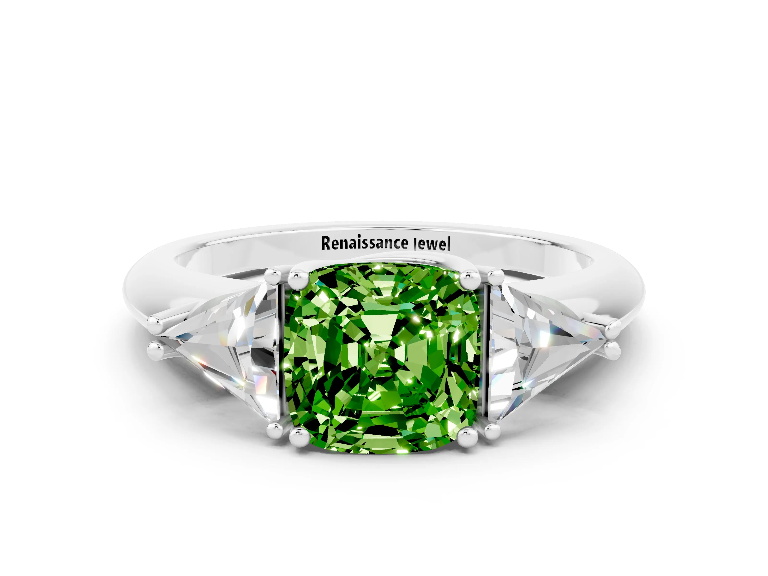 White gold Three-Stone Cushion Cut Cut Diamond Ring with Trillion Side Stones and Four-Prong Setting