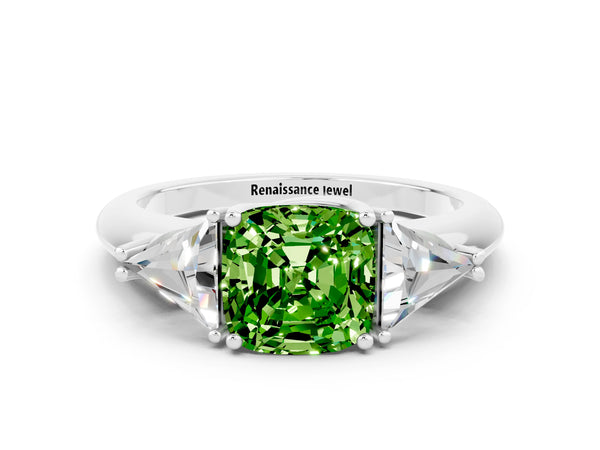 White gold Three-Stone Cushion Cut Cut Diamond Ring with Trillion Side Stones and Four-Prong Setting