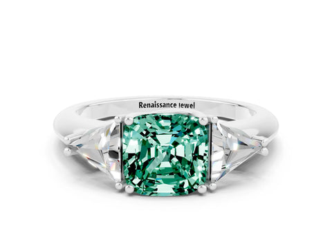 White gold Three-Stone Cushion Cut Cut Diamond Ring with Trillion Side Stones and Four-Prong Setting