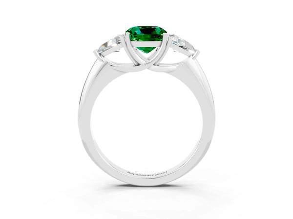 Platinum Three-Stone Cushion Cut Emerald Engagement Ring with Trillion Side Stones and Prong Setting