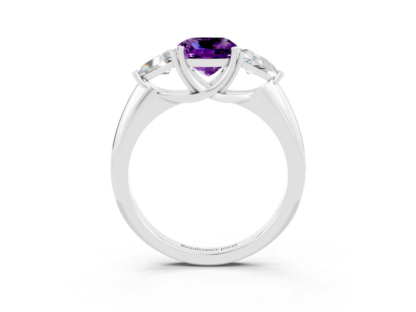 White gold Three-Stone Cushion Cut Amethyst Engagement Ring with Trillion Side Stones and Prong Setting