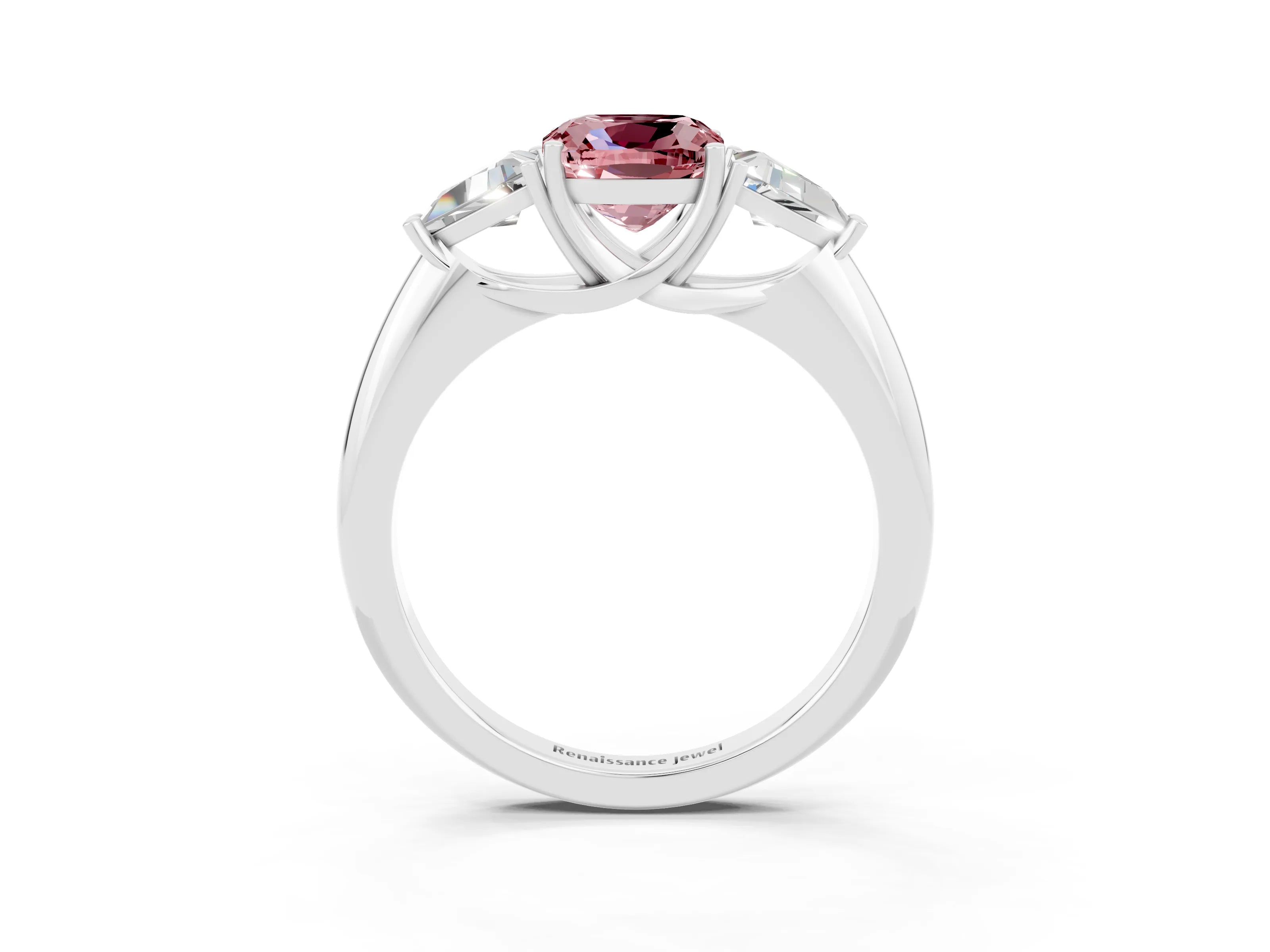 White gold Three-Stone Cushion Cut Cut Diamond Ring with Trillion Side Stones and Four-Prong Setting_3