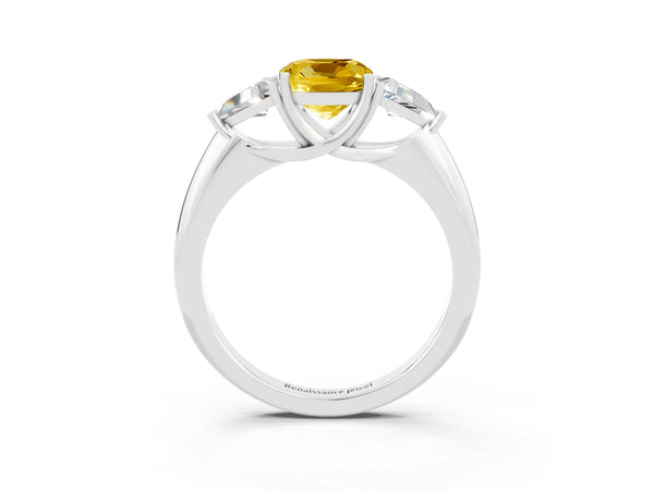 Silver Three-Stone Cushion Cut Cut Diamond Ring with Trillion Side Stones and Four-Prong Setting