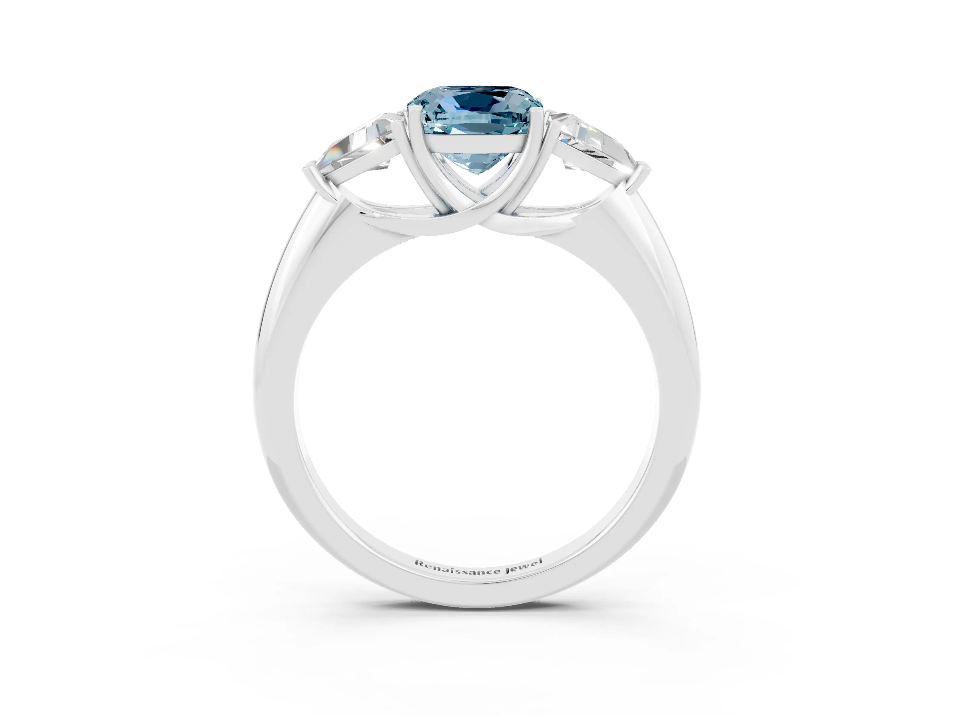 White gold Three-Stone Cushion Cut Cut Diamond Ring with Trillion Side Stones and Four-Prong Setting_3