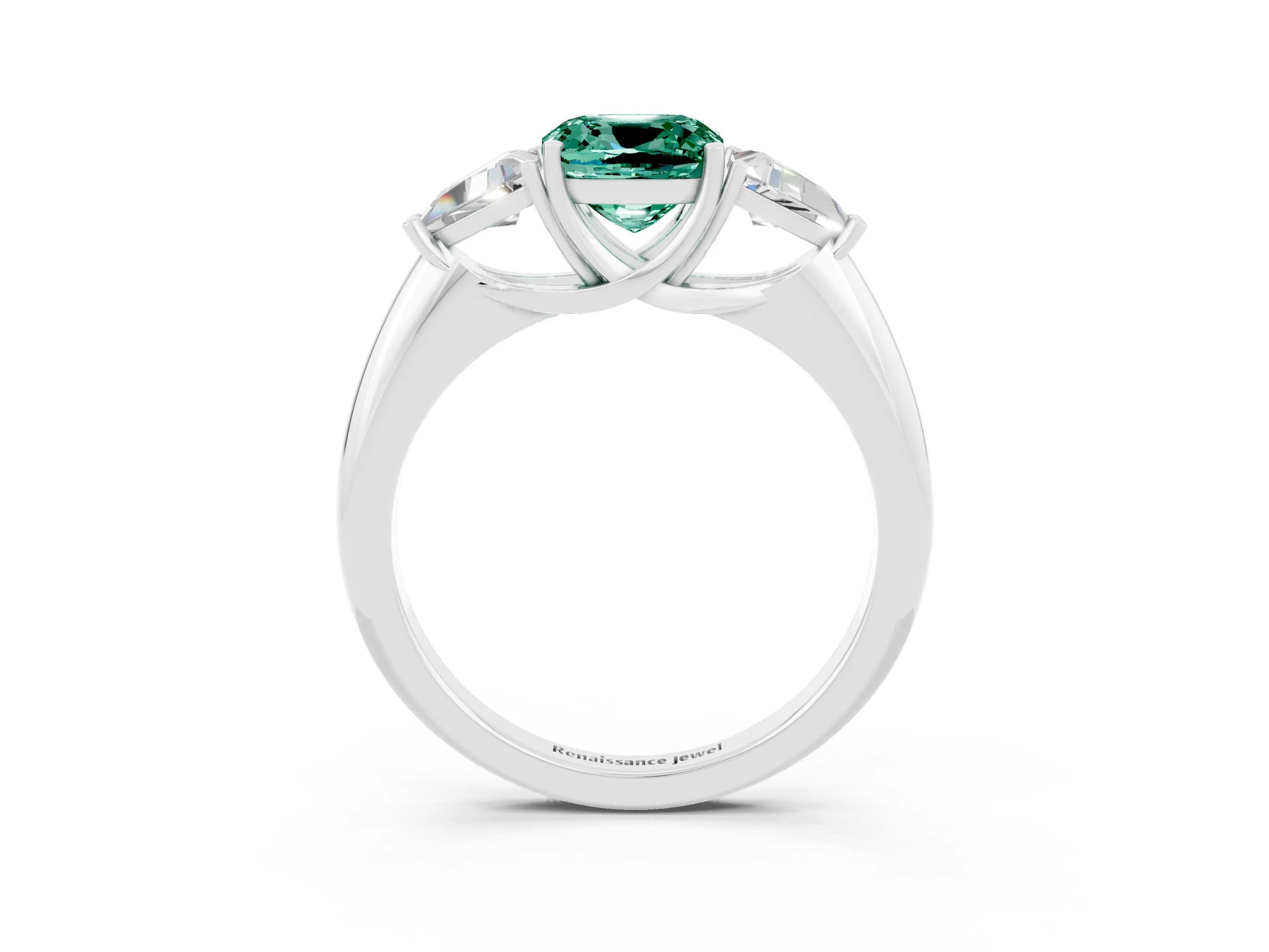 White gold Three-Stone Cushion Cut Cut Diamond Ring with Trillion Side Stones and Four-Prong Setting_3