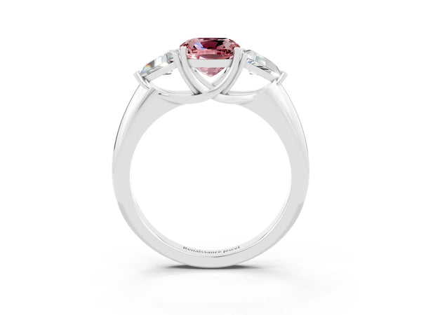 White gold Three-Stone Cushion Cut Cut Diamond Ring with Trillion Side Stones and Four-Prong Setting