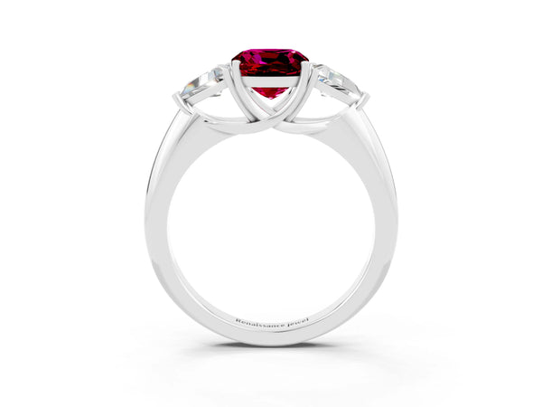 White gold Three-Stone Cushion Cut Cut Diamond Ring with Trillion Side Stones and Four-Prong Setting