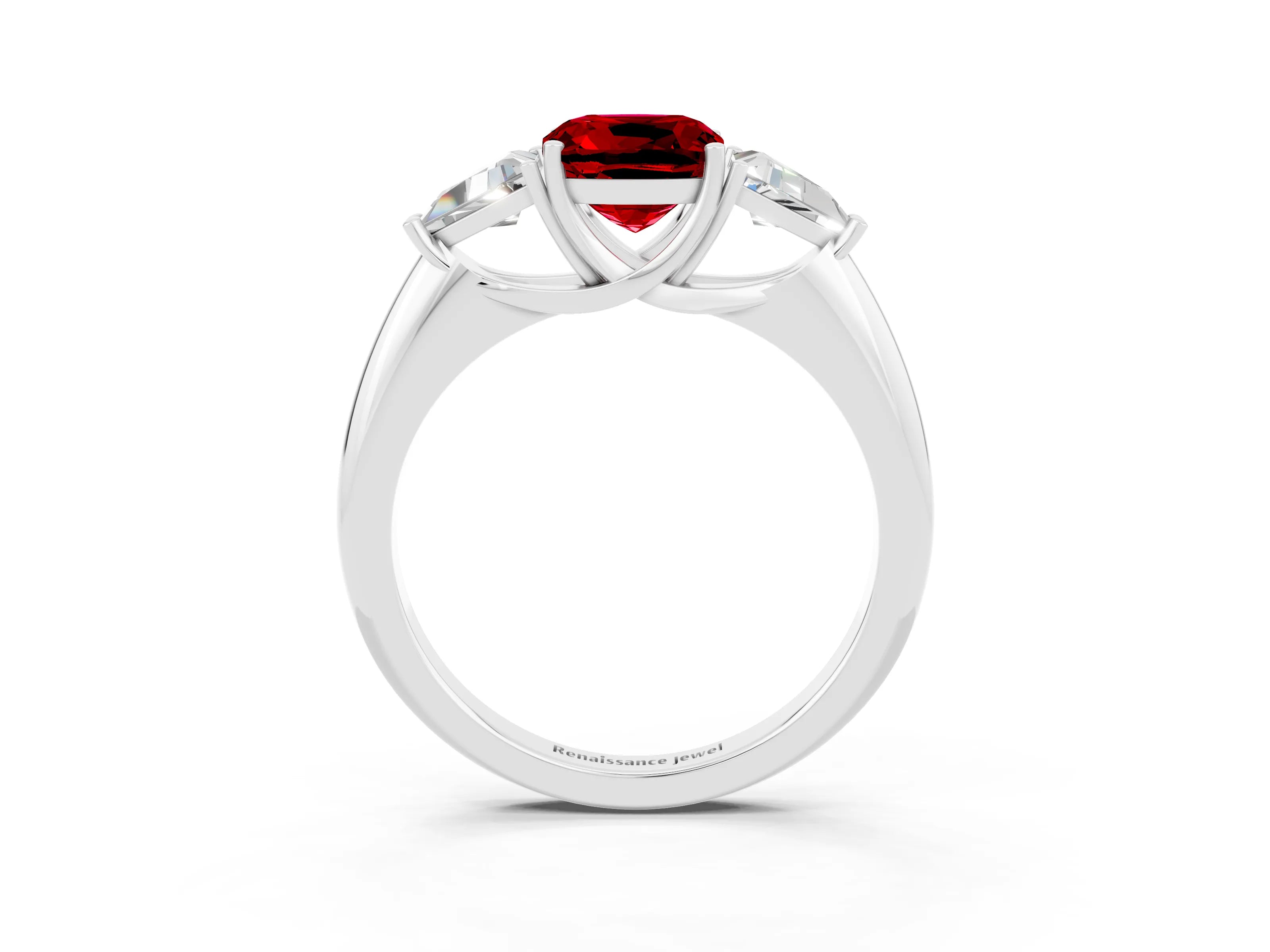 White gold Three-Stone Cushion Cut Cut Diamond Ring with Trillion Side Stones and Four-Prong Setting_3