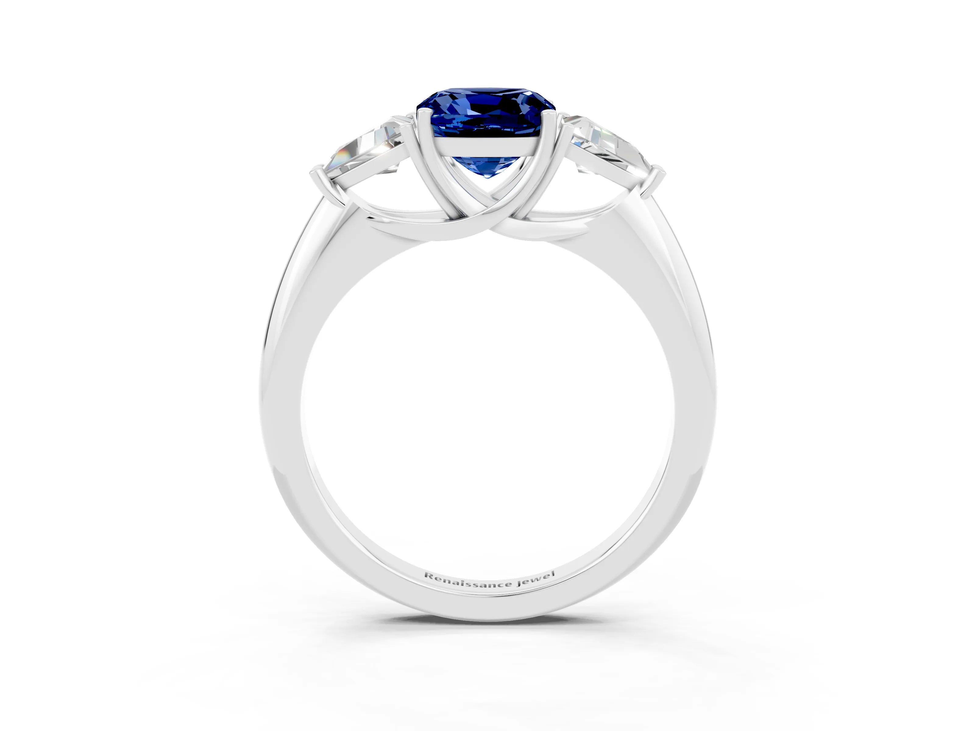 White gold Three-Stone Cushion Cut Cut Diamond Ring with Trillion Side Stones and Four-Prong Setting_3