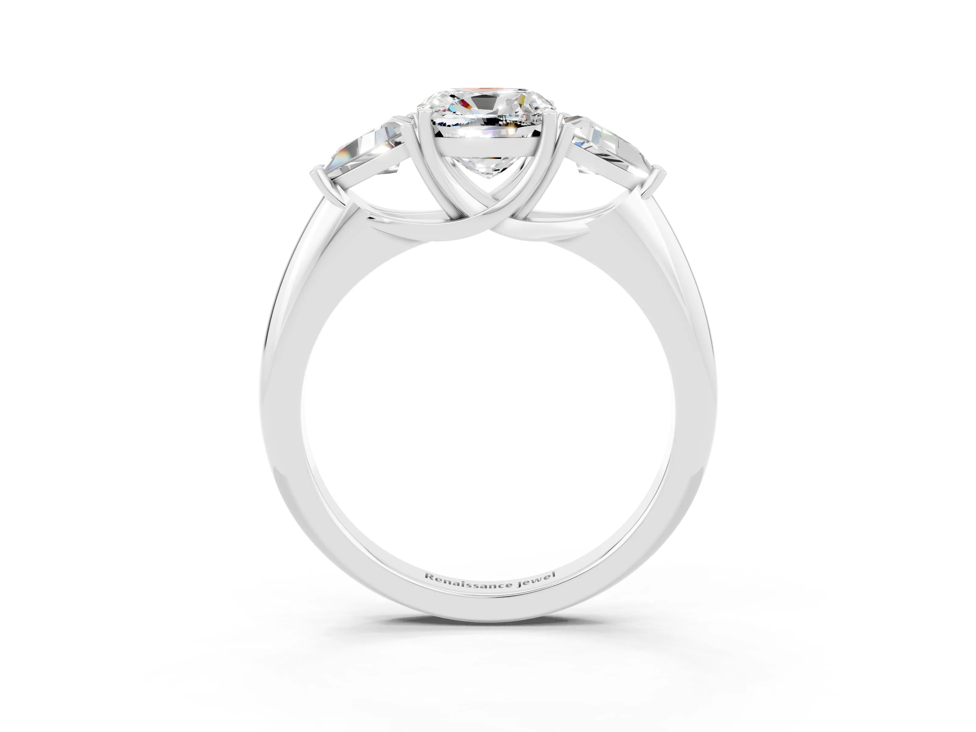 White gold Three-Stone Cushion Cut Cut Diamond Ring with Trillion Side Stones and Four-Prong Setting_3