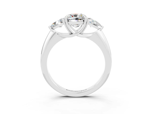 Silver Three-Stone Cushion Cut Moissanite Engagement Ring with Trillion Side Stones and Prong Setting