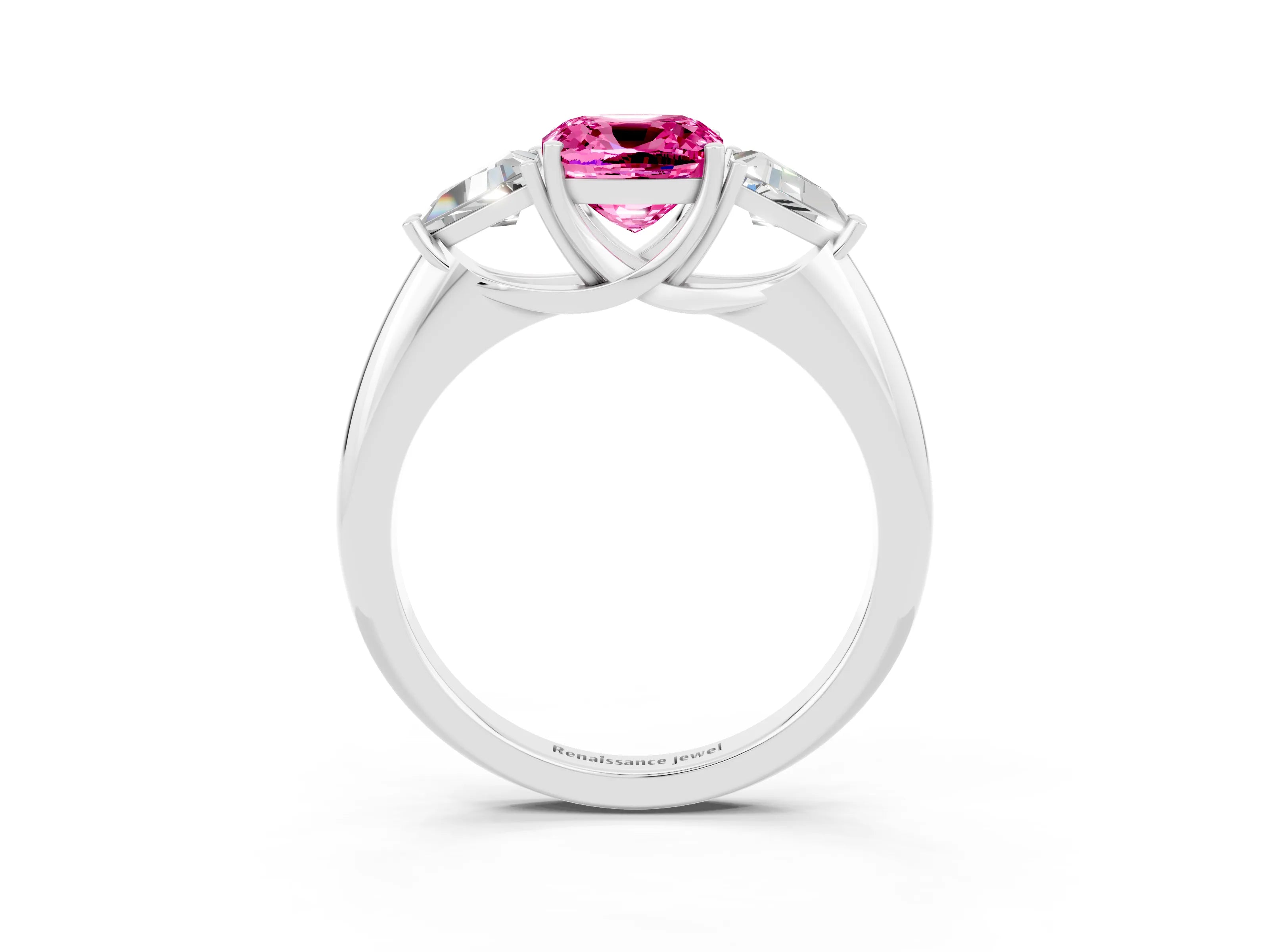 White gold Three-Stone Cushion Cut Cut Diamond Ring with Trillion Side Stones and Four-Prong Setting_3