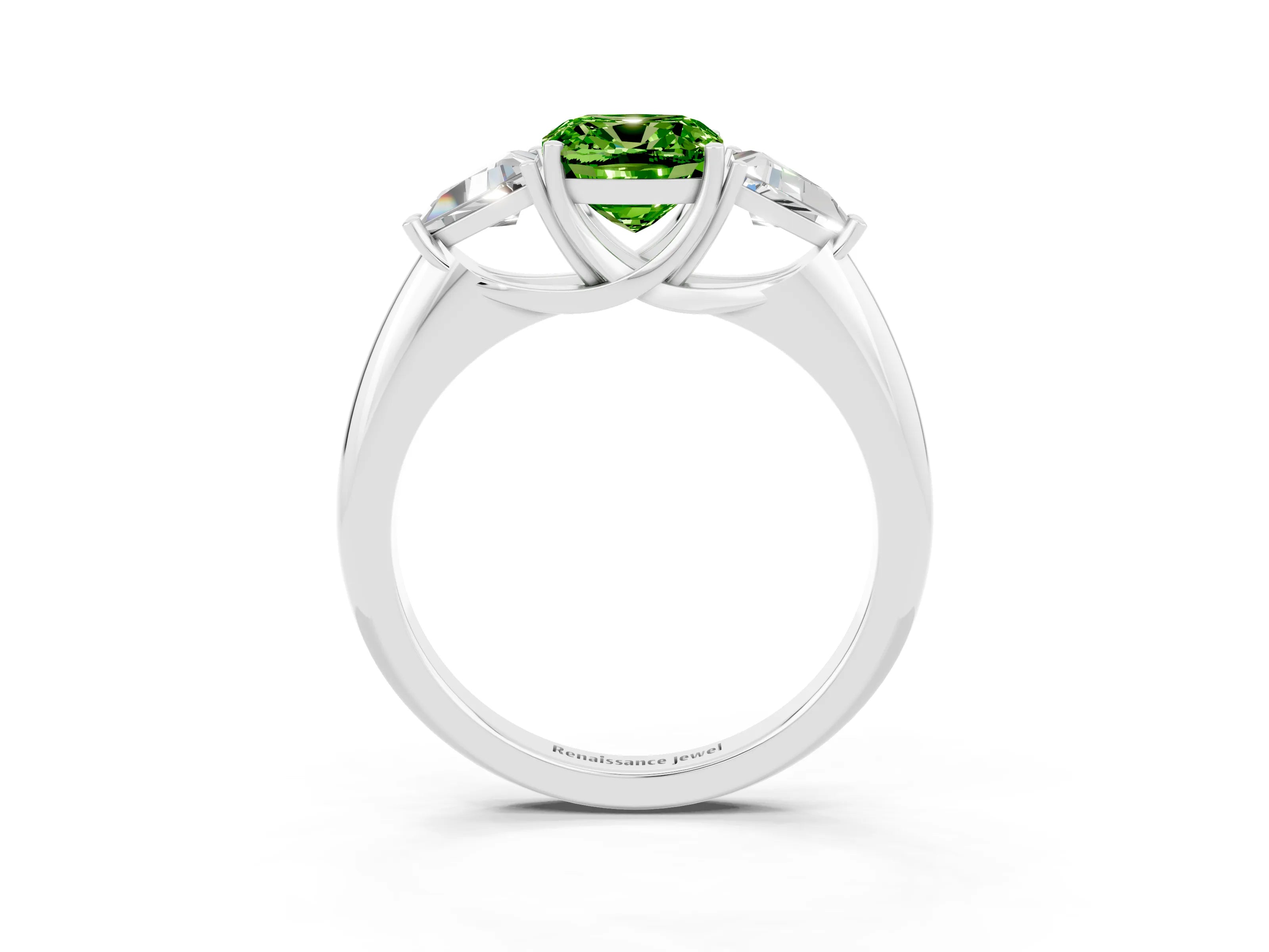 White gold Three-Stone Cushion Cut Cut Diamond Ring with Trillion Side Stones and Four-Prong Setting_3