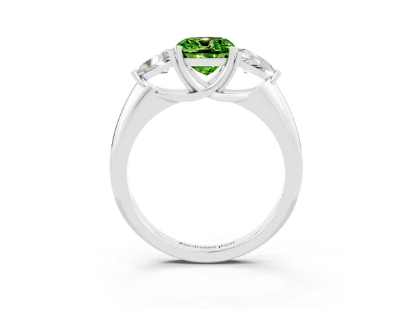 Platinum Three-Stone Cushion Cut Cut Diamond Ring with Trillion Side Stones and Four-Prong Setting