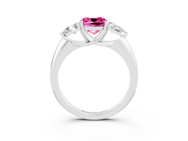 Sterling Silver Cushion Cut Lab-Grown Pink Sapphire Trillion Three Stone Engagement Ring