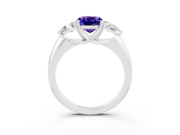 White gold Three-Stone Cushion Cut Tanzanite Engagement Ring with Trillion Side Stones and Prong Setting