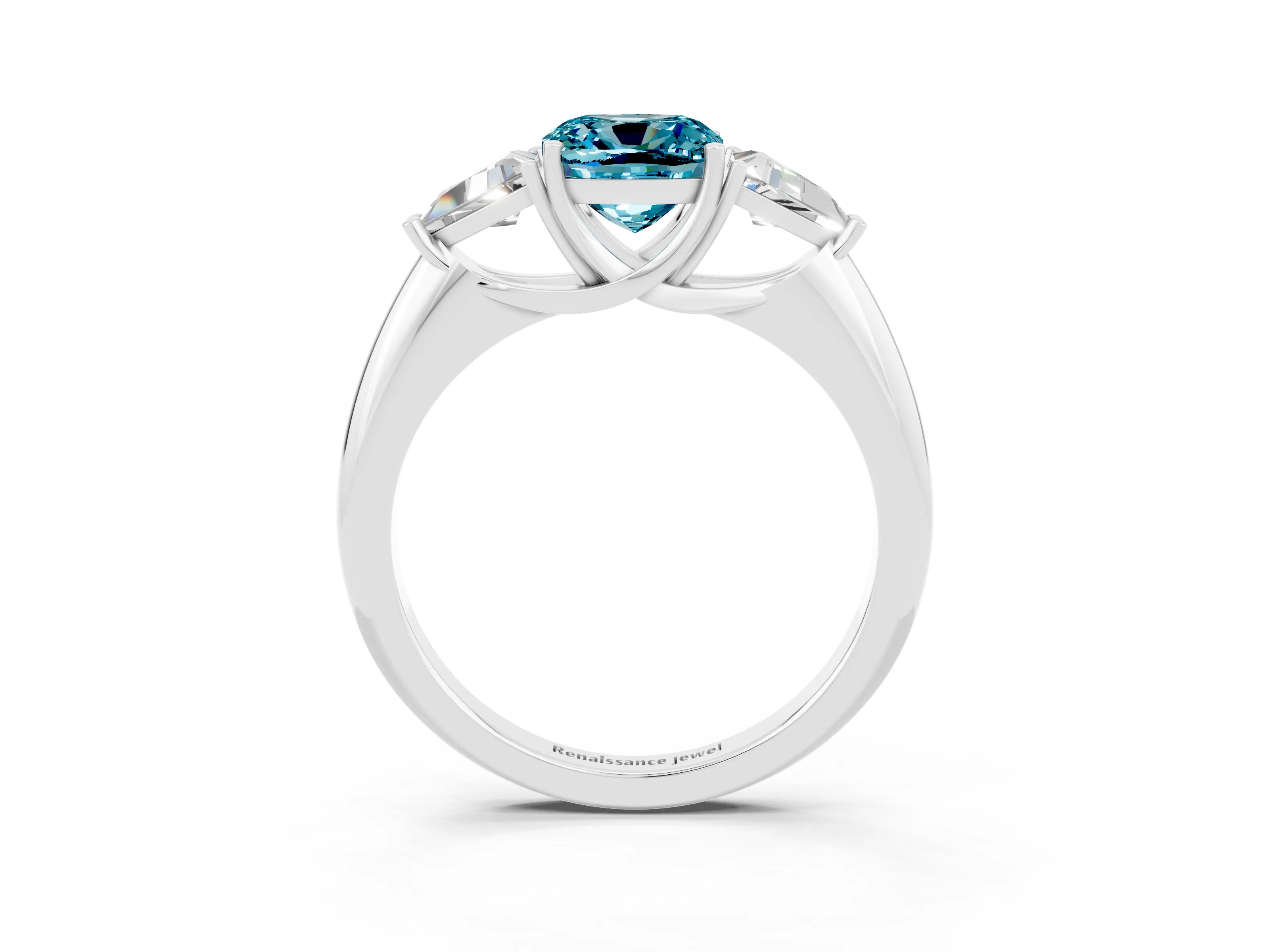 White gold Three-Stone Cushion Cut Cut Diamond Ring with Trillion Side Stones and Four-Prong Setting_3