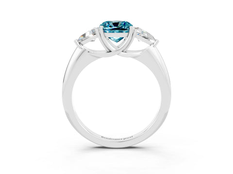 White gold Three-Stone Cushion Cut Cut Diamond Ring with Trillion Side Stones and Four-Prong Setting_3