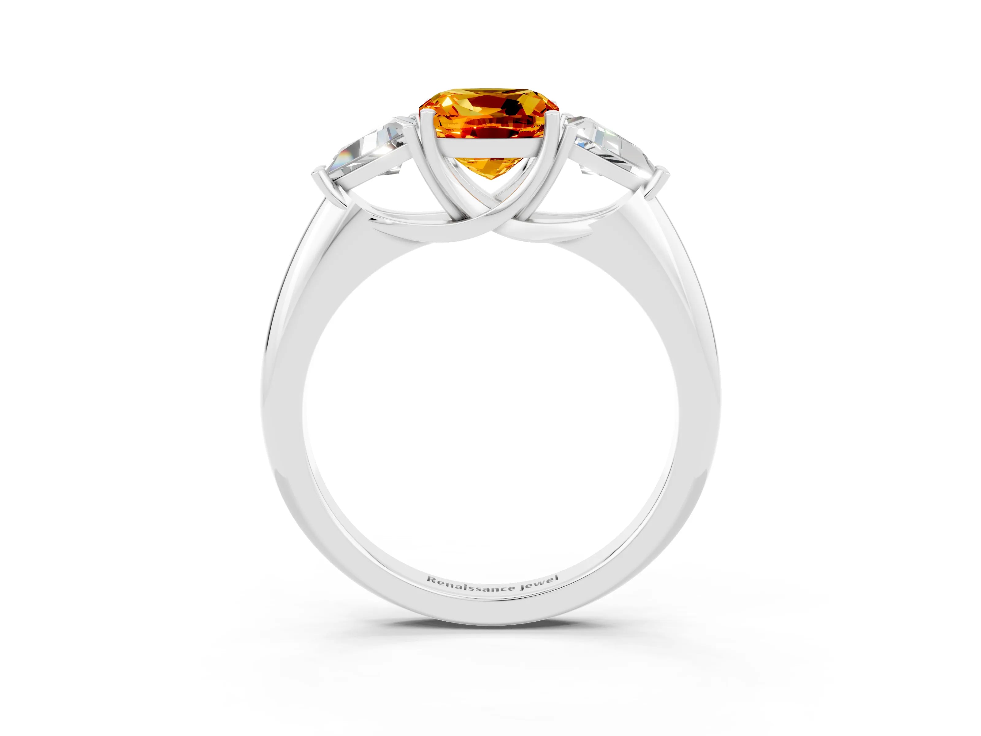 White gold Three-Stone Cushion Cut Cut Diamond Ring with Trillion Side Stones and Four-Prong Setting_3