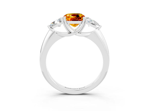 Silver Three-Stone Cushion Cut Cut Diamond Ring with Trillion Side Stones and Four-Prong Setting