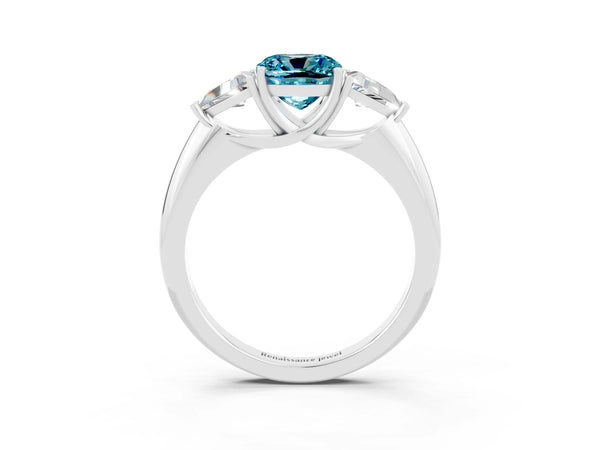 White gold Three-Stone Cushion Cut Cut Diamond Ring with Trillion Side Stones and Four-Prong Setting