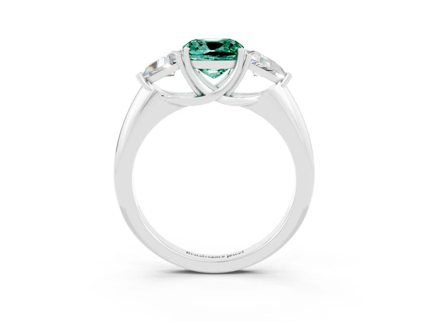 Platinum Three-Stone Cushion Cut Green Sapphire Engagement Ring with Trillion Side Stones and Prong Setting