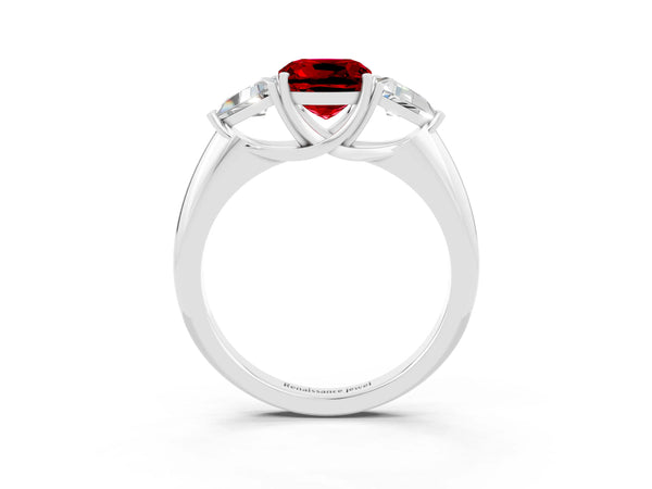 Platinum Three-Stone Cushion Cut Cut Diamond Ring with Trillion Side Stones and Four-Prong Setting
