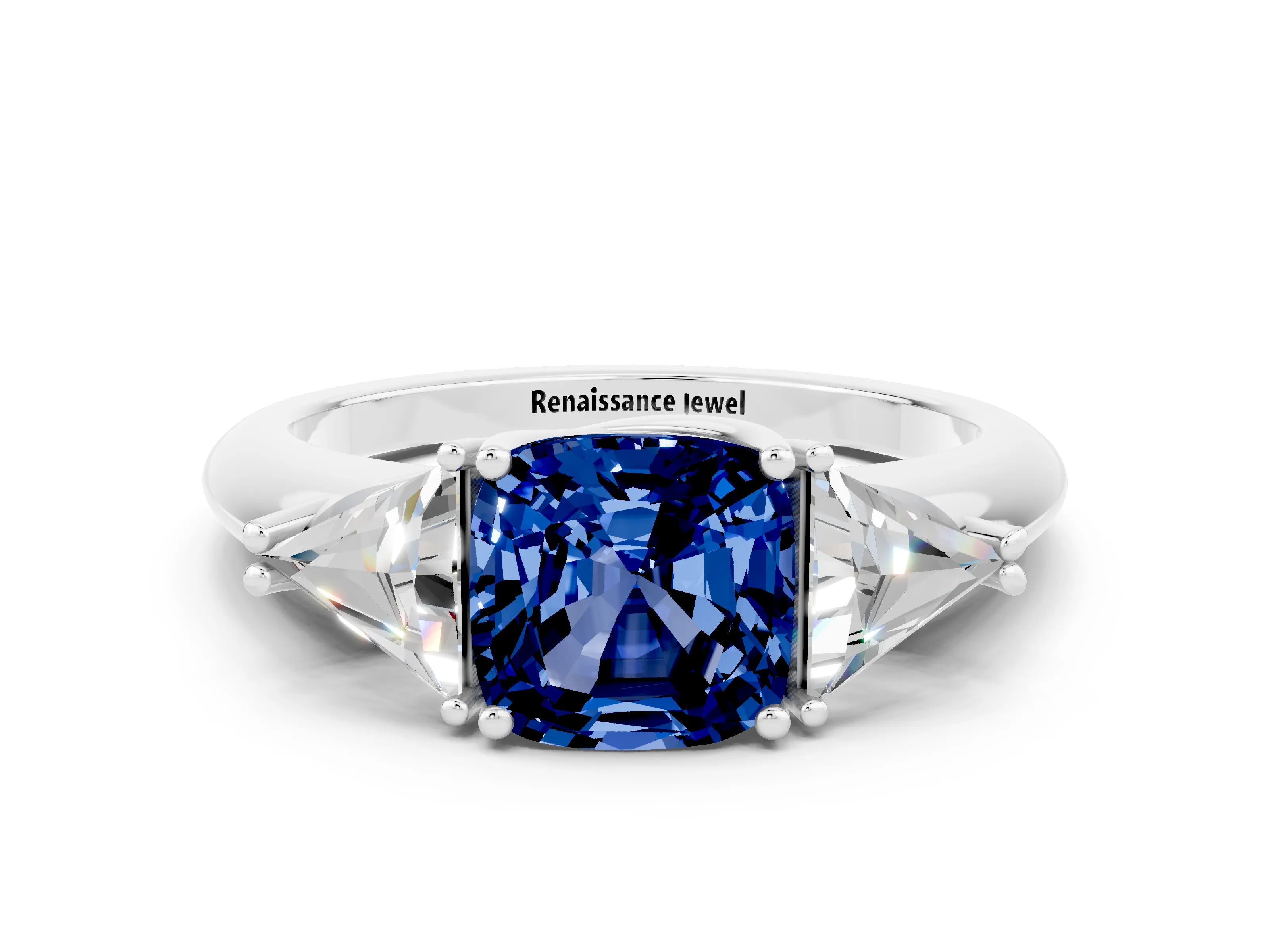 White gold Three-Stone Cushion Cut Cut Diamond Ring with Trillion Side Stones and Four-Prong Setting