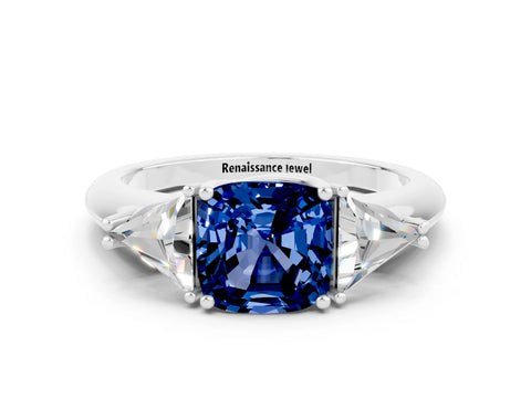 White gold Three-Stone Cushion Cut Cut Diamond Ring with Trillion Side Stones and Four-Prong Setting
