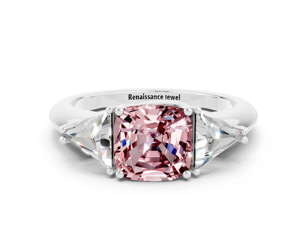 White gold Three-Stone Cushion Cut Cut Diamond Ring with Trillion Side Stones and Four-Prong Setting