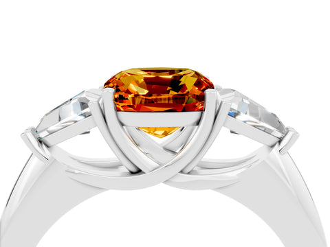 White gold Three-Stone Cushion Cut Cut Diamond Ring with Trillion Side Stones and Four-Prong Setting_4