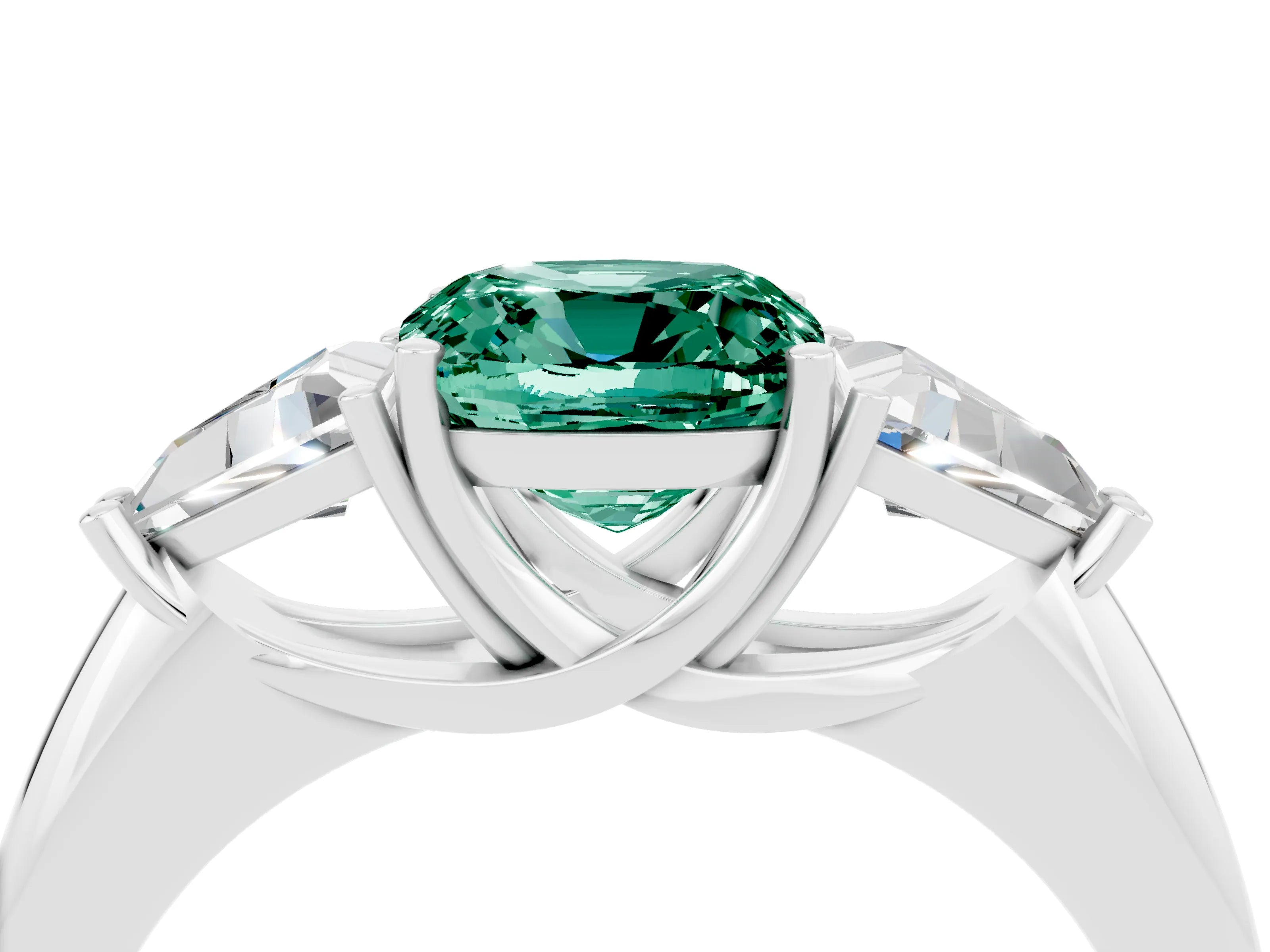 White gold Three-Stone Cushion Cut Cut Diamond Ring with Trillion Side Stones and Four-Prong Setting_4