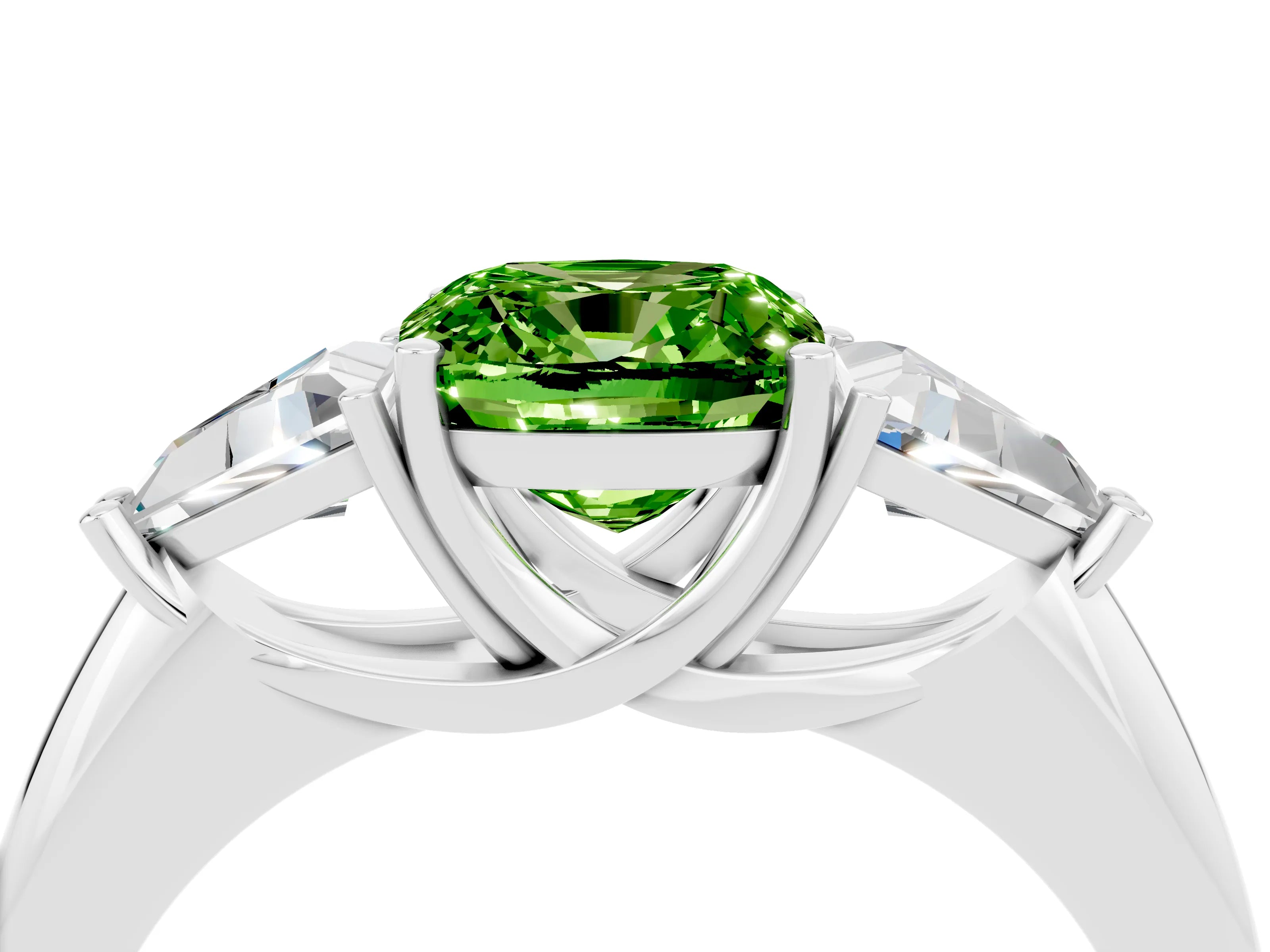 White gold Three-Stone Cushion Cut Cut Diamond Ring with Trillion Side Stones and Four-Prong Setting_4