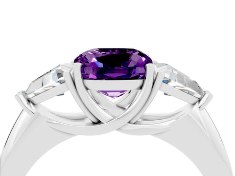 White gold Three-Stone Cushion Cut Cut Diamond Ring with Trillion Side Stones and Four-Prong Setting_4