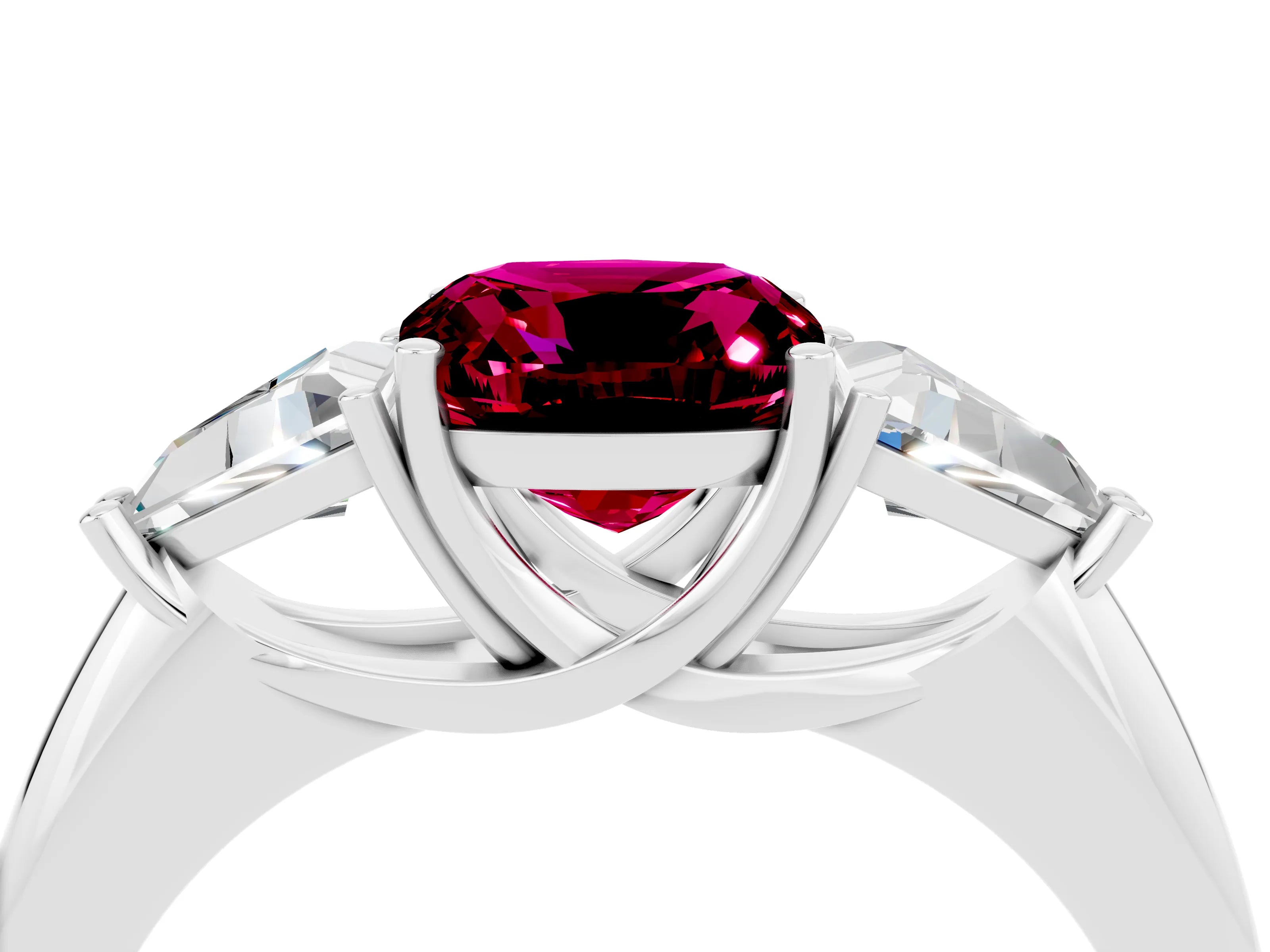 White gold Three-Stone Cushion Cut Cut Diamond Ring with Trillion Side Stones and Four-Prong Setting_4