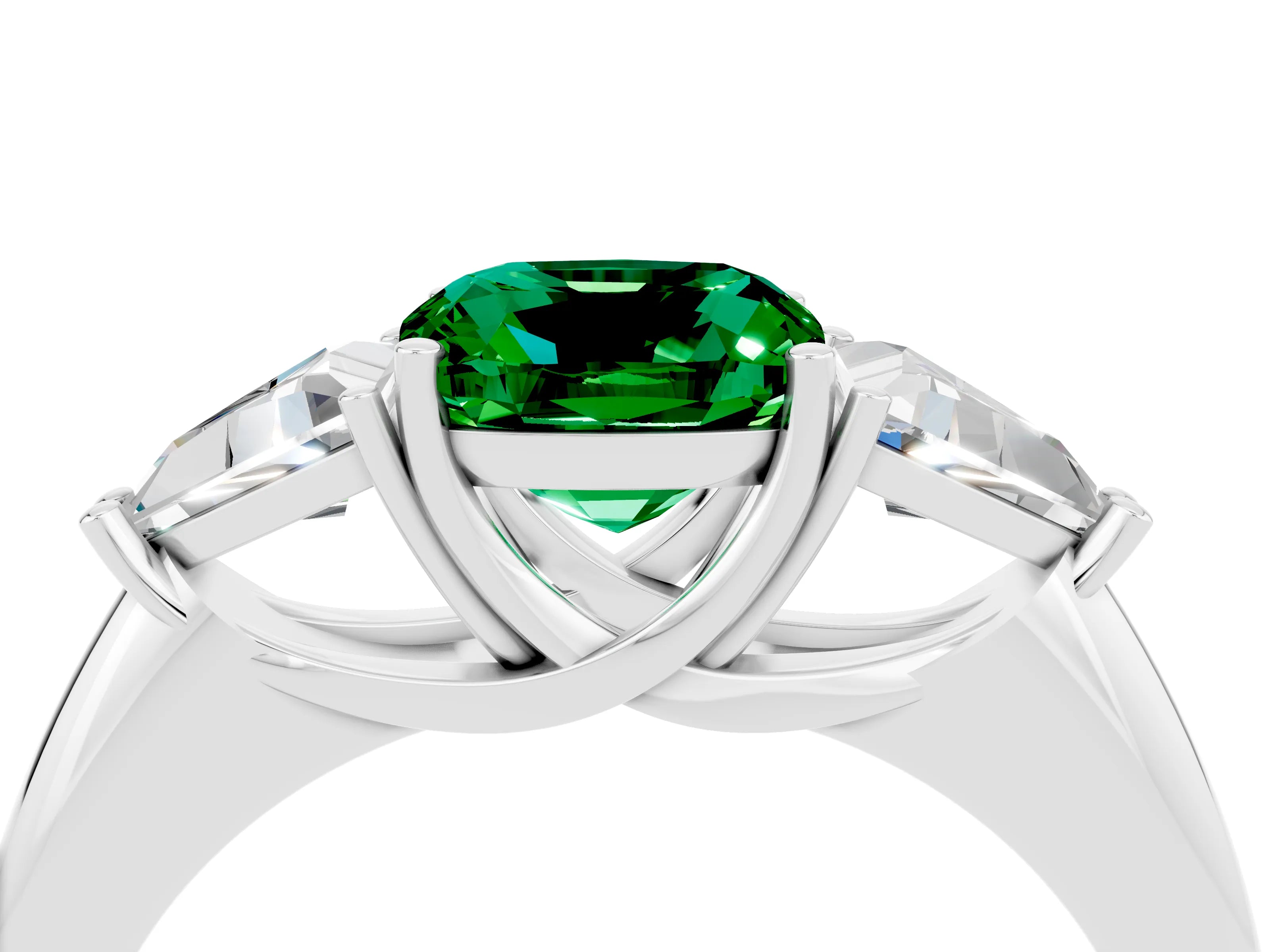 White gold Three-Stone Cushion Cut Cut Diamond Ring with Trillion Side Stones and Four-Prong Setting_4