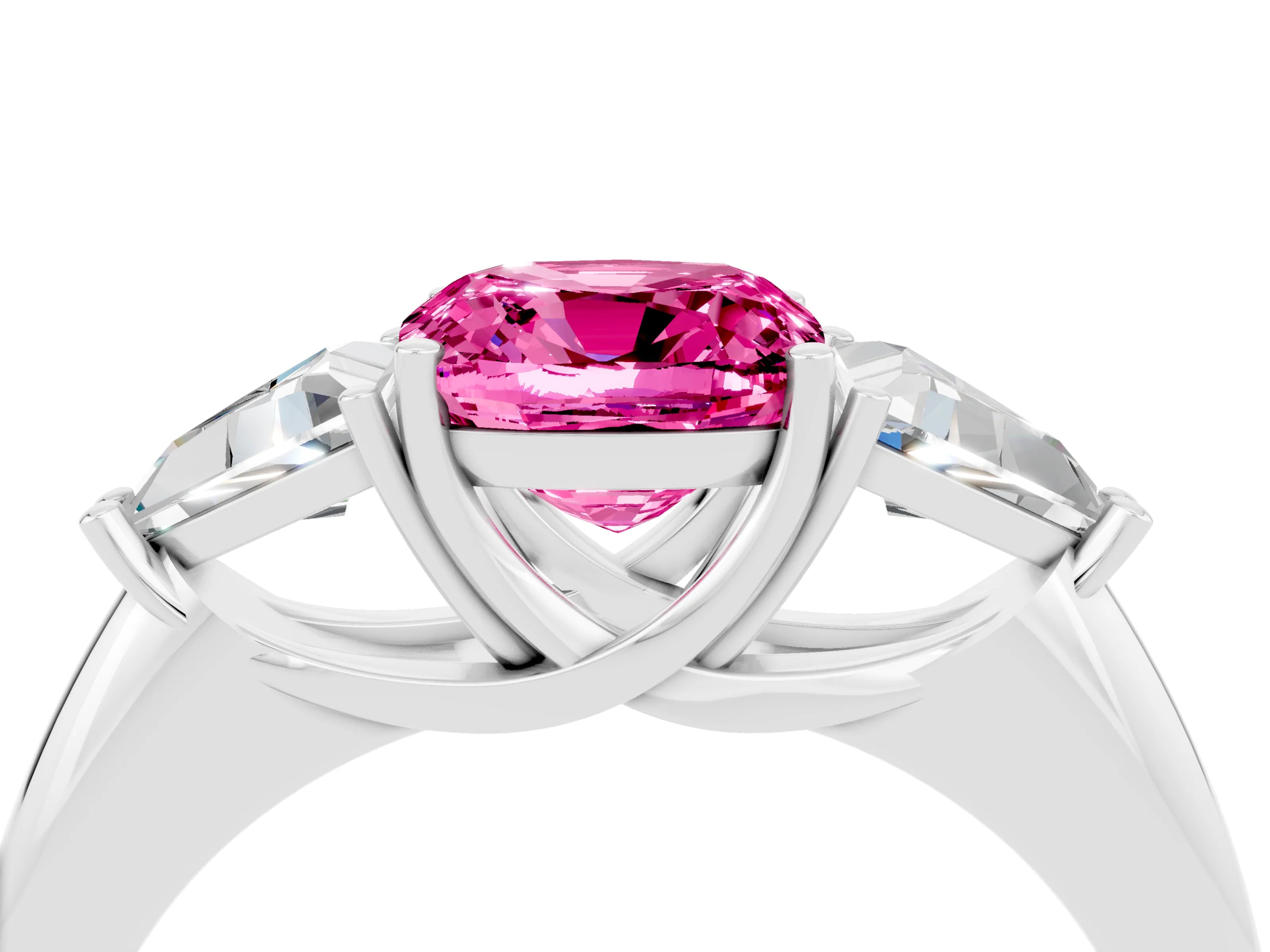 White gold Three-Stone Cushion Cut Cut Diamond Ring with Trillion Side Stones and Four-Prong Setting_4