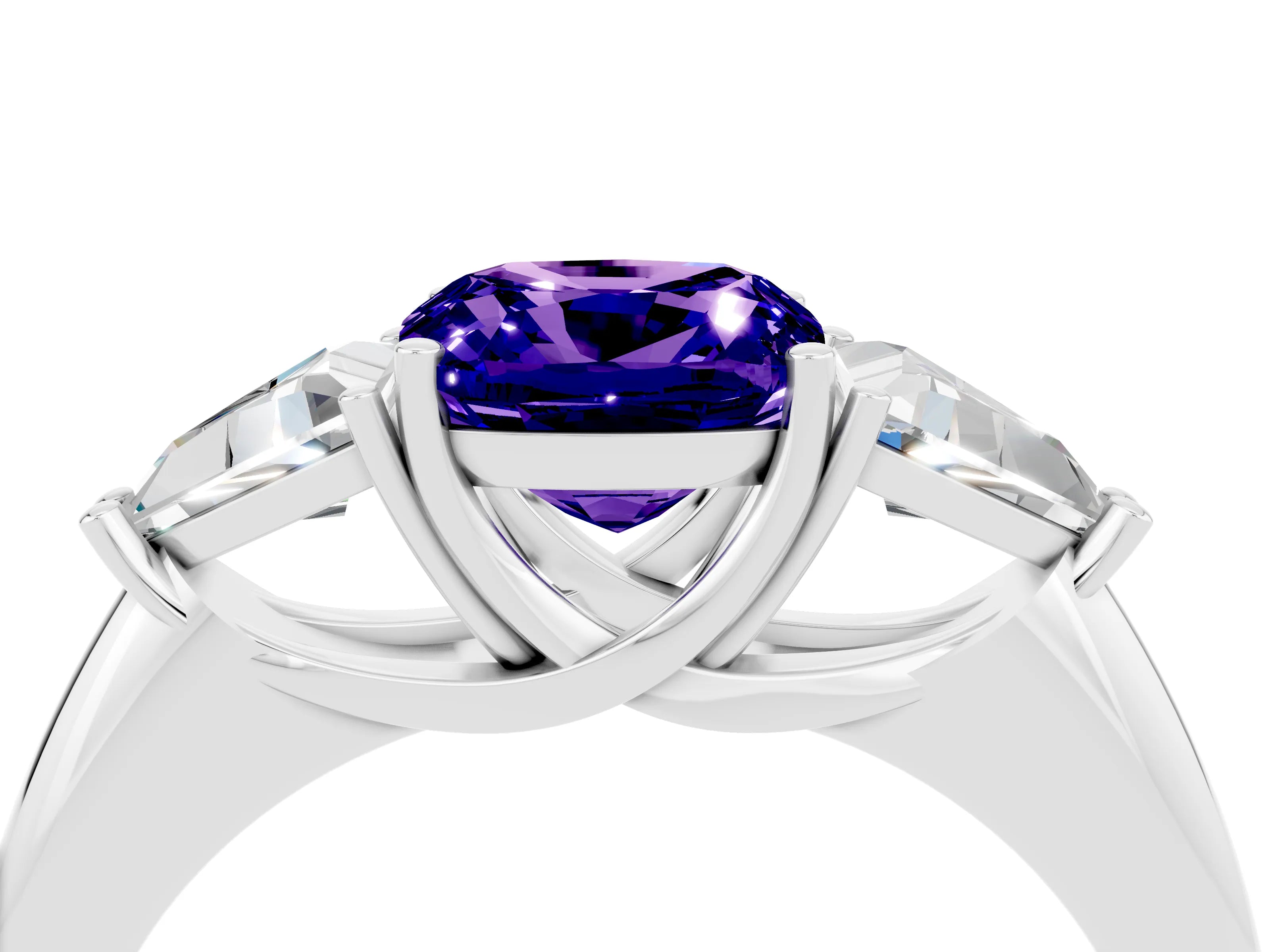 White gold Three-Stone Cushion Cut Cut Diamond Ring with Trillion Side Stones and Four-Prong Setting_4