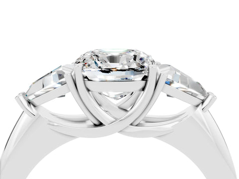 White gold Three-Stone Cushion Cut Cut Diamond Ring with Trillion Side Stones and Four-Prong Setting_4